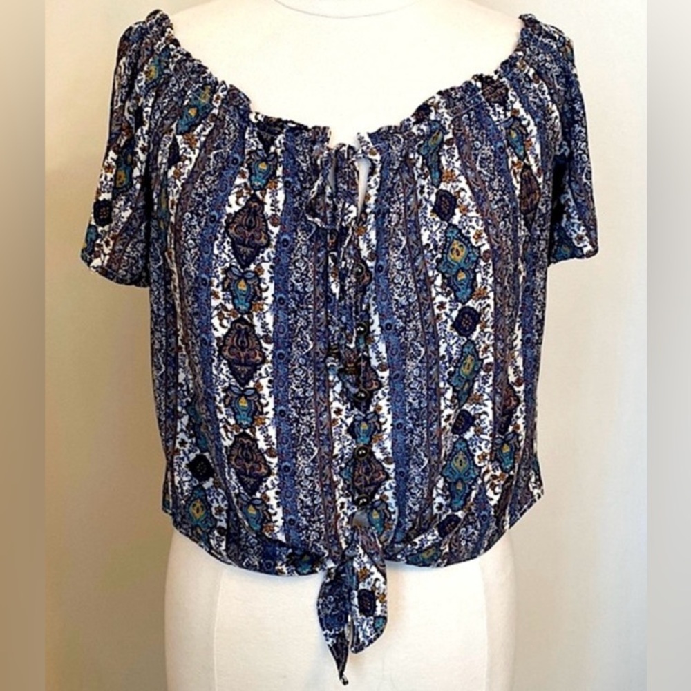 Mason & Belle Camea Blue Paisley Print SZ S Boho Festival Y2K Peasant Crop Top